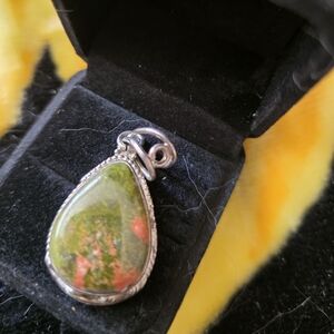 Sterling Silver Teardrop Unakite Pendant in Green and Pink